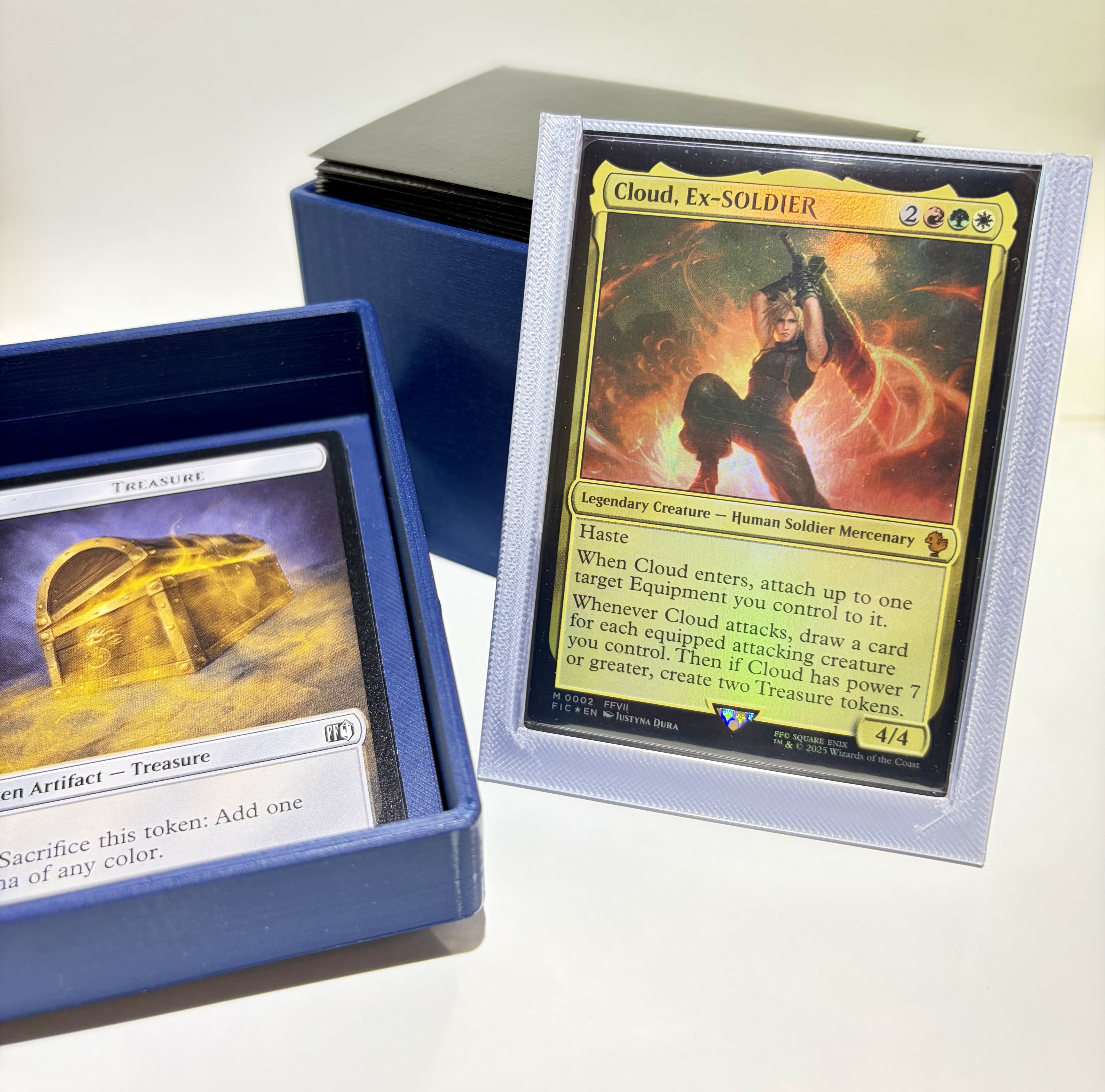 3D printed MTG Commander deck box open showing token tray, 100-card library holder, and commander display frame
