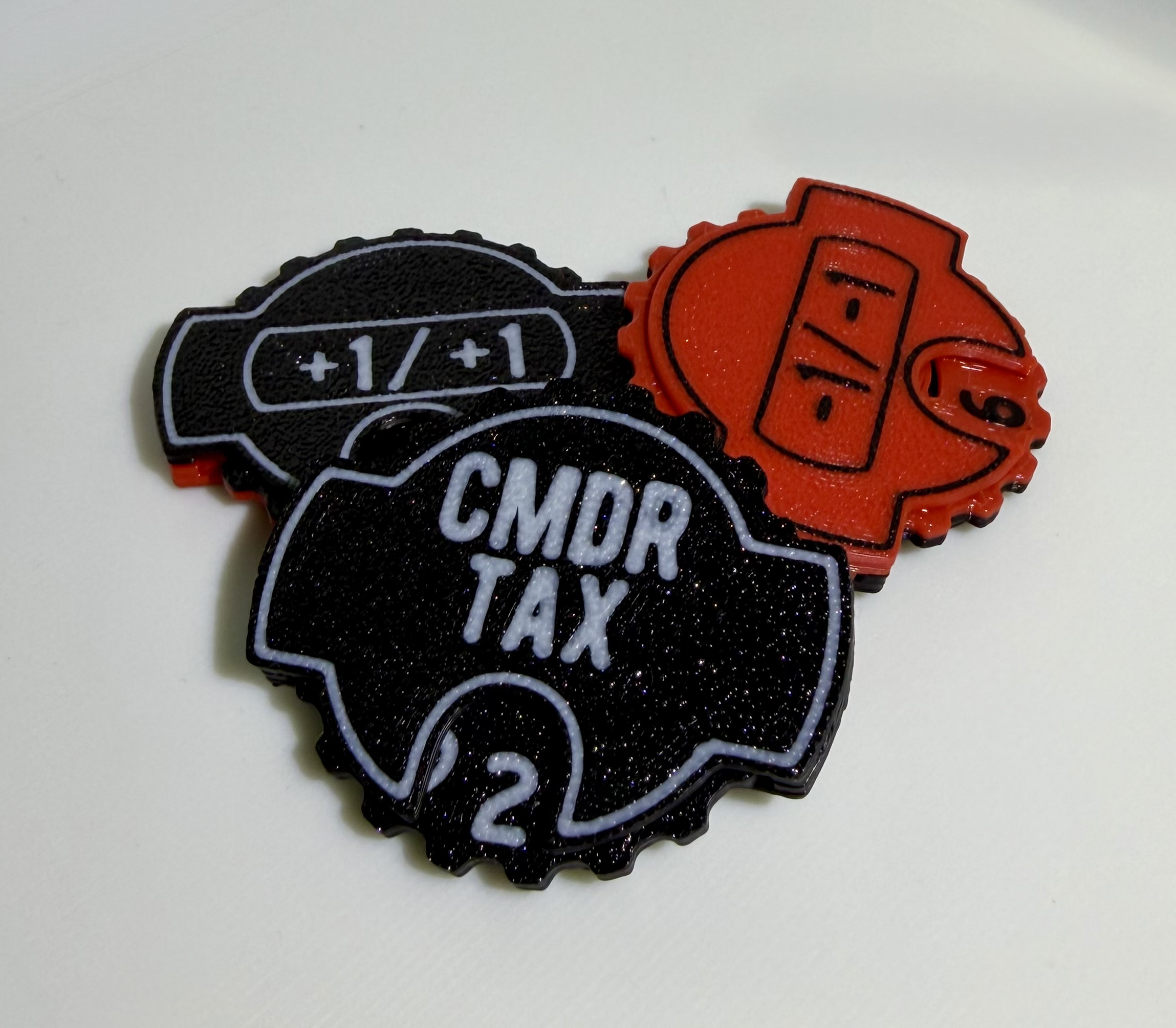 3D printed MTG counter tokens including plus one plus one counter and Commander Tax tracker with number dials